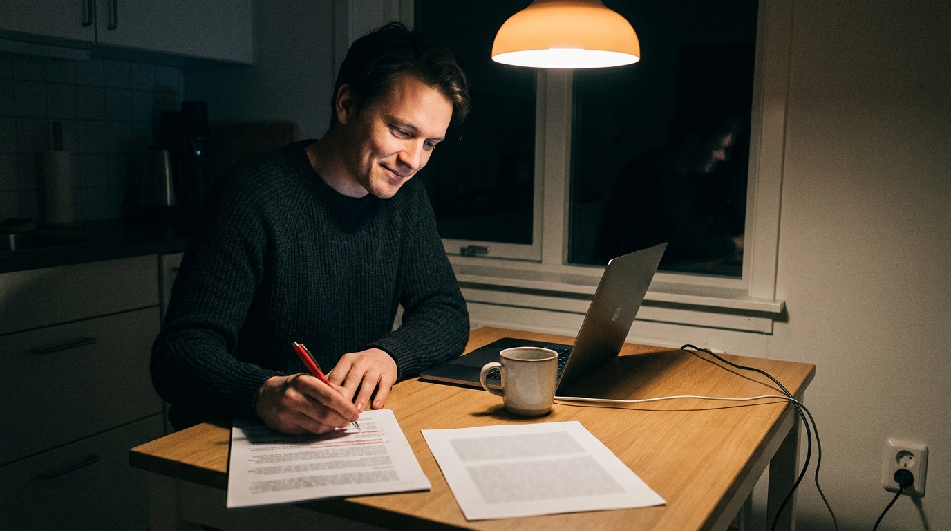 A founder at a kitchen table at night, crossing out lines of a printed Reddit reply with a red pen beside an open laptop