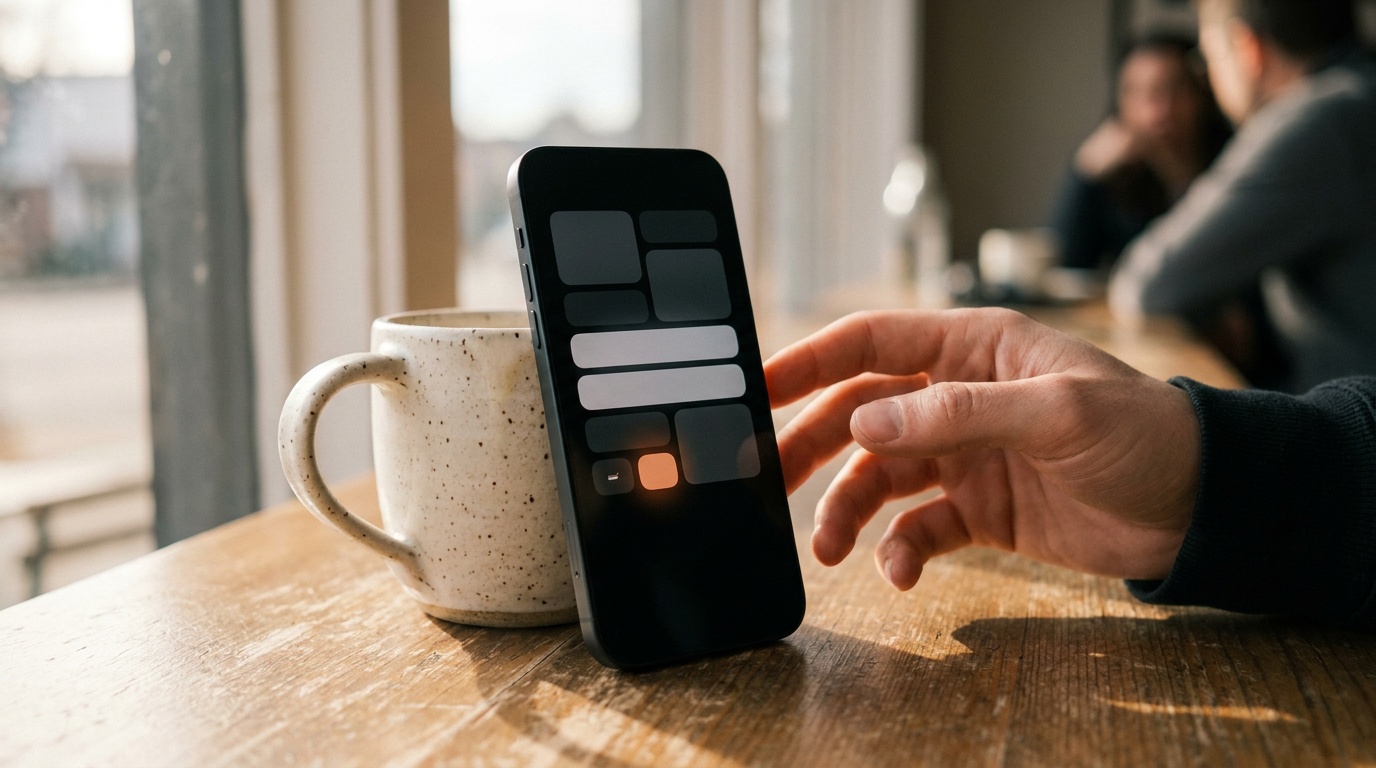 A phone propped against a coffee mug on a cafe table showing an abstract comment thread with one reply highlighted in orange