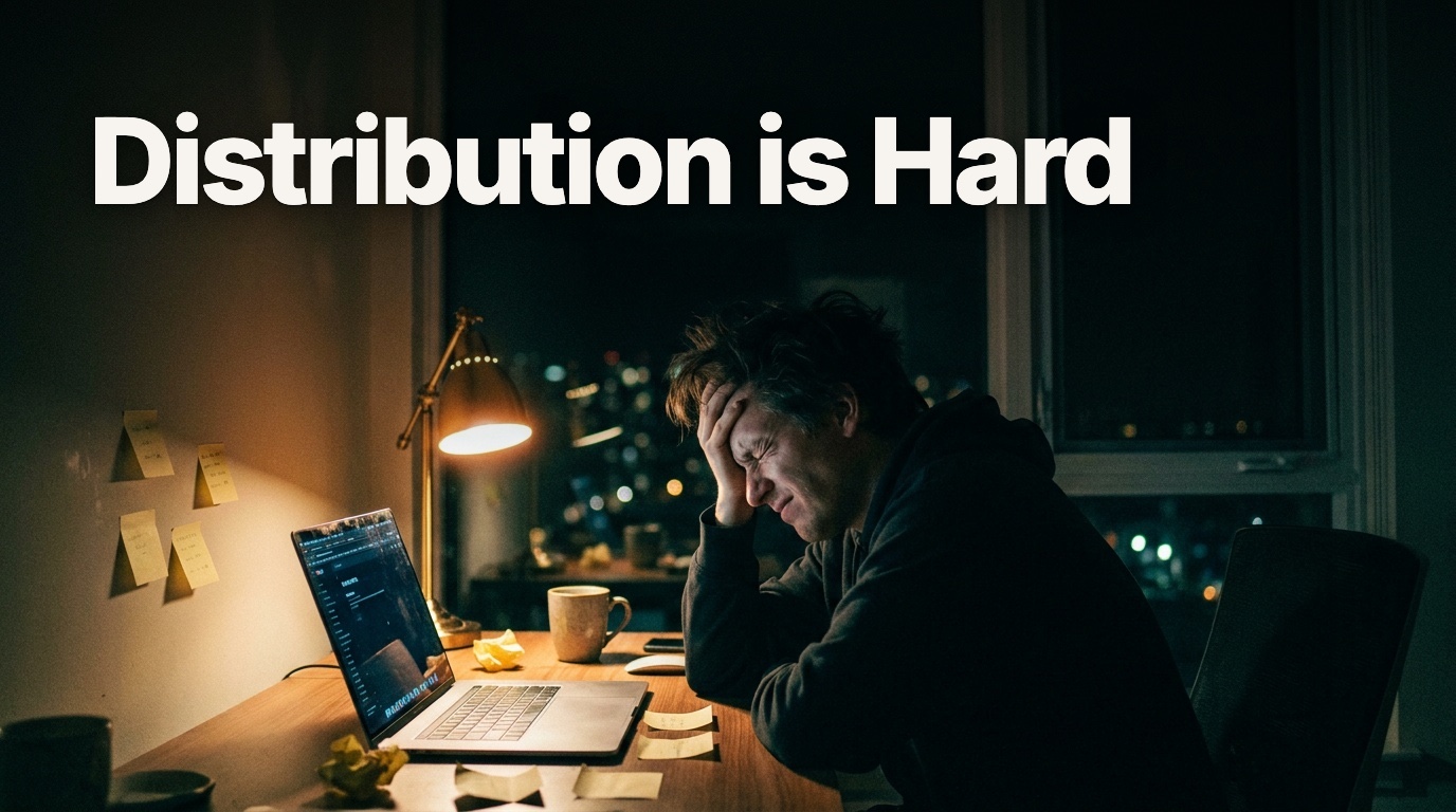 A frustrated founder at a desk late at night, head in hand, lit by a laptop and desk lamp, with the words Distribution is Hard