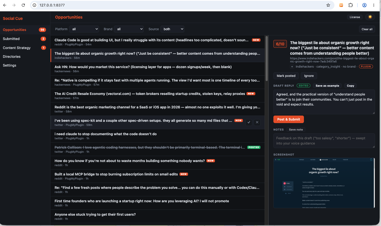 Social Cue dashboard showing a ranked queue of Reddit, Hacker News and X opportunities with a scored thread and drafted reply open for review