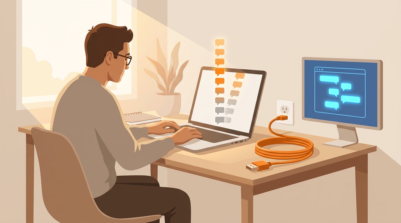 Founder at a desk with an unplugged orange data cable while a browser window on a second screen still shows lit Reddit-style thread bubbles