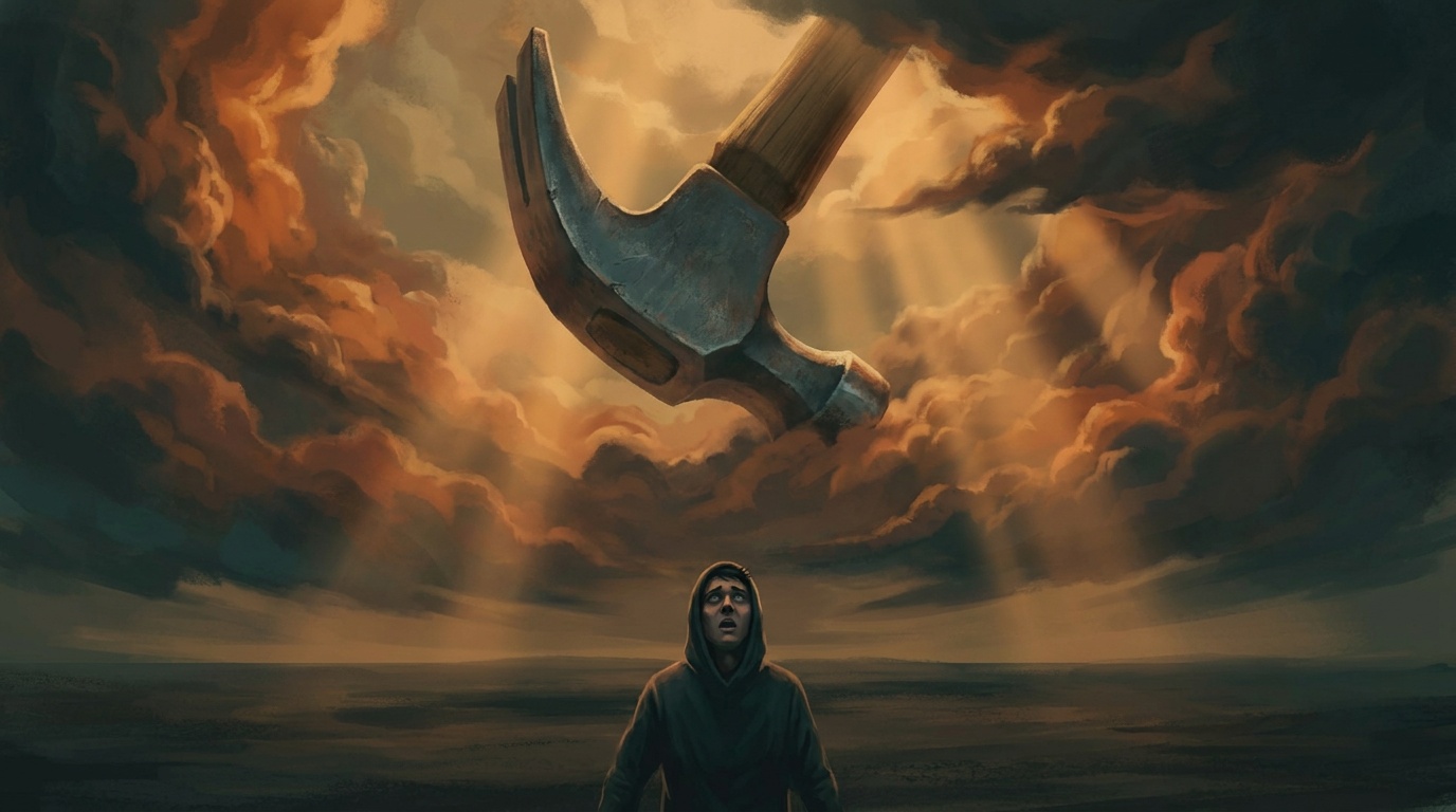 A founder in a hoodie looks up in shock at a giant ban hammer descending from stormy clouds