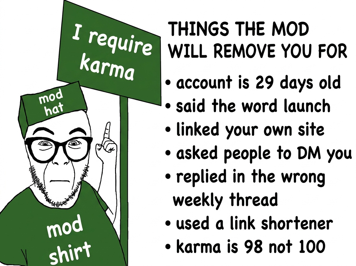 Soyjak meme in a mod hat and mod shirt holding a sign reading I require karma, next to a list titled Things the mod will remove you for: account is 29 days old, said the word launch, linked your own site, asked people to DM you, replied in the wrong weekly thread, used a link shortener, karma is 98 not 100