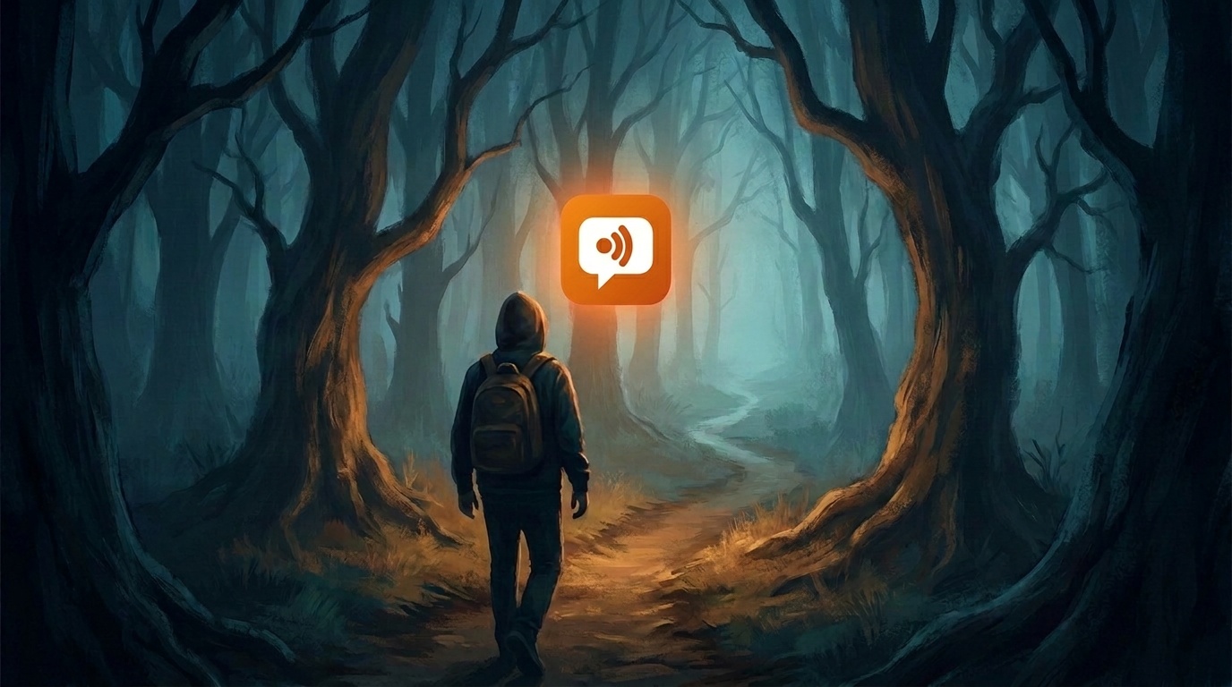 A founder in a hoodie walks a dark forest path at night, lit only by a glowing Social Cue app icon floating ahead like a lantern