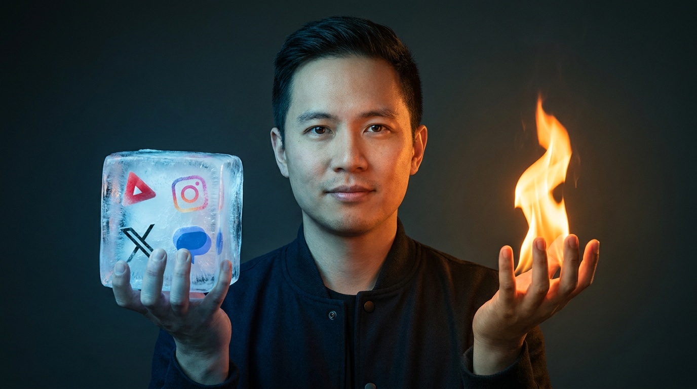 A founder facing the camera holding a block of ice with frozen YouTube, Instagram, X and chat icons in one hand and a live flame in the other
