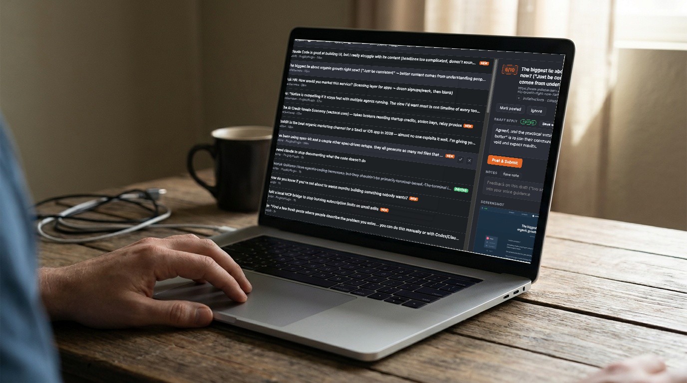 Laptop on a wooden desk showing the Social Cue dashboard: a ranked list of scored Reddit, Hacker News and X threads with a drafted reply open on the right