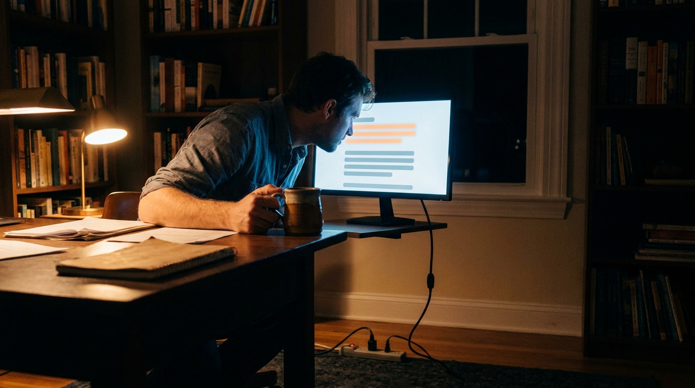 Founder at a desk late at night, leaning toward a monitor showing a search results page with three rows highlighted in orange