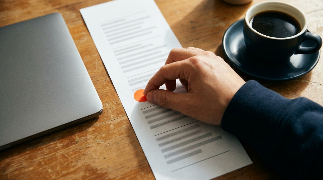 Hand placing an orange dot sticker beside one item on a printed checklist, next to a closed laptop and a cup of coffee