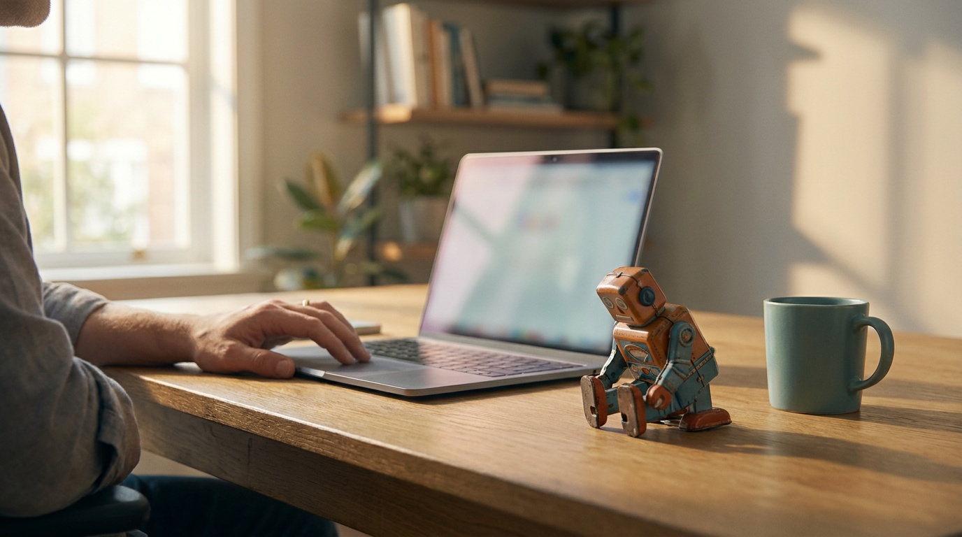 A founder's hand on a laptop trackpad in warm afternoon light, with a small vintage toy robot slumped and switched off on the desk beside a teal mug
