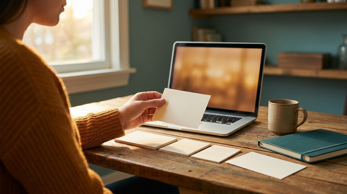 Over-the-shoulder view of a founder at a wooden desk picking up one blank index card from a neat row of cards in front of a laptop, reviewing each before acting