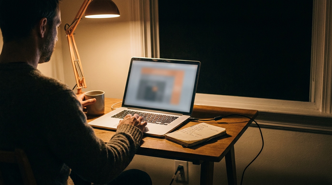Founder reading a long Hacker News comment thread on a laptop at a wooden desk at night, lit by a desk lamp, with a coffee mug and a handwritten notebook