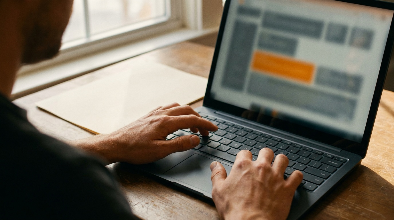 Close-up of two hands typing a reply on a laptop, the screen showing a blurred nested comment thread with one highlighted comment, daylight from a window